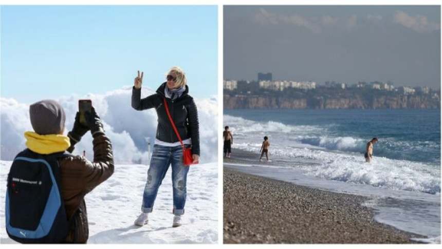 Turisti u Antaliji u istom danu plivali i grudvali se Turisti u Antaliji u istom danu plivali i grudvali se